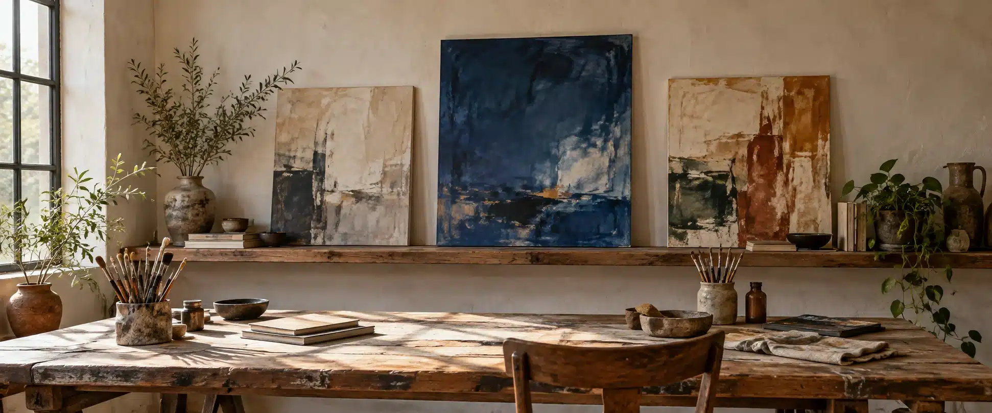 Quiet illustrative art workspace with original canvases, a wooden table and soft side light.