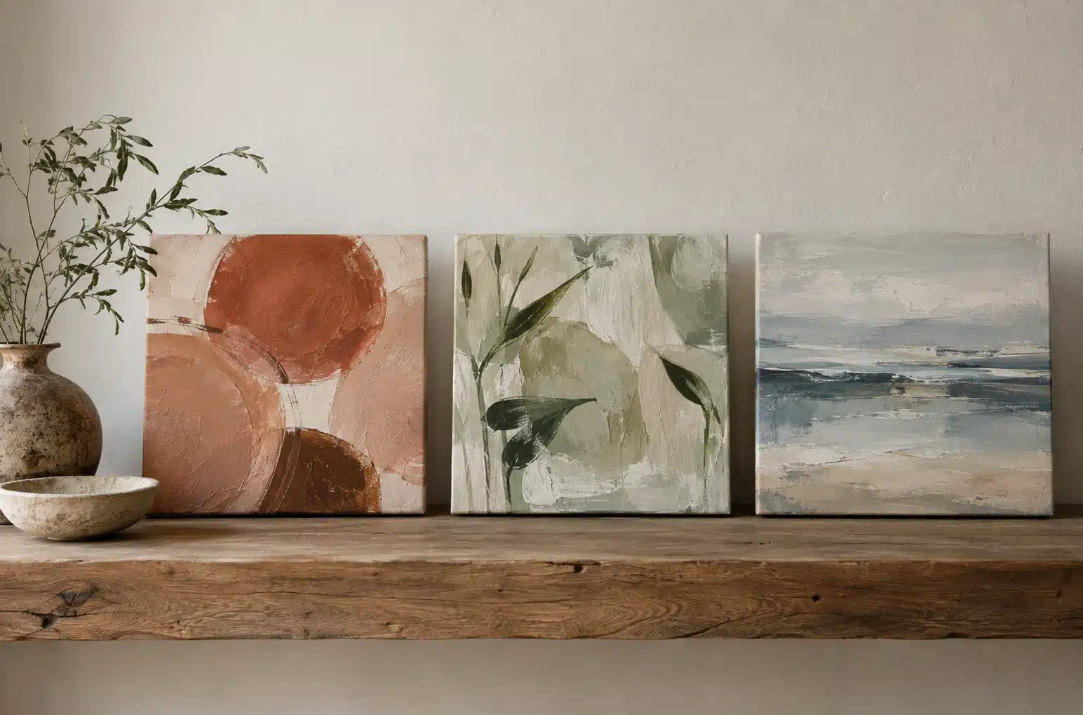 Small original paintings in terracotta, green and blue arranged on a studio shelf.
