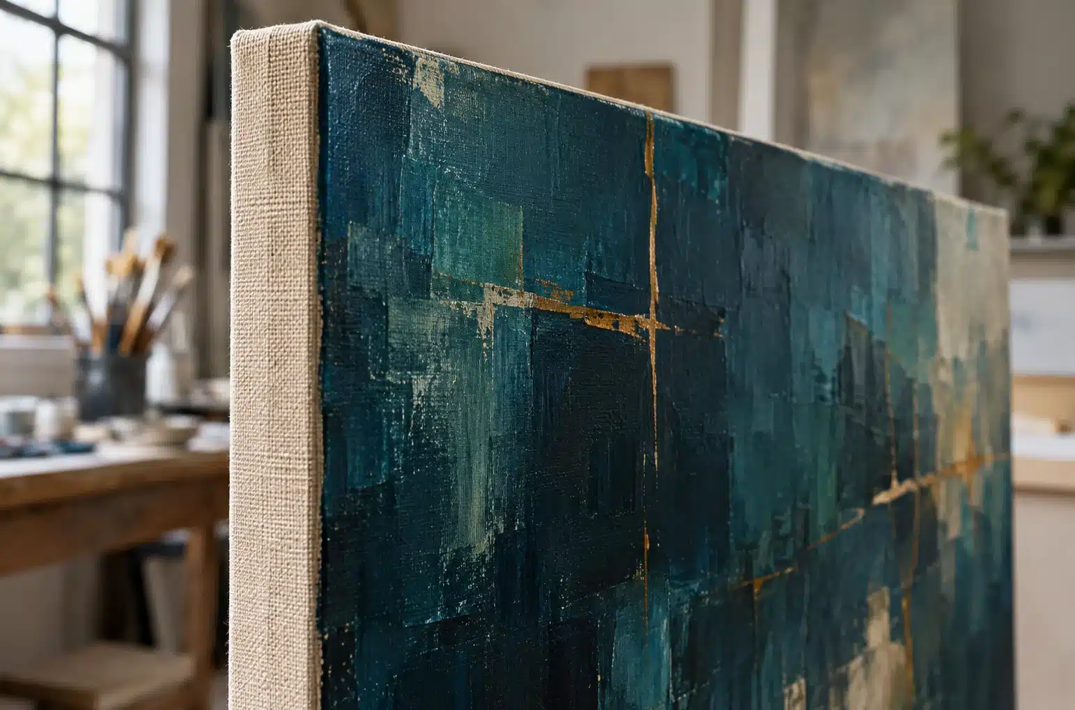 Detail of a natural linen canvas edge and blue-green painted surface in an illustrative workspace.