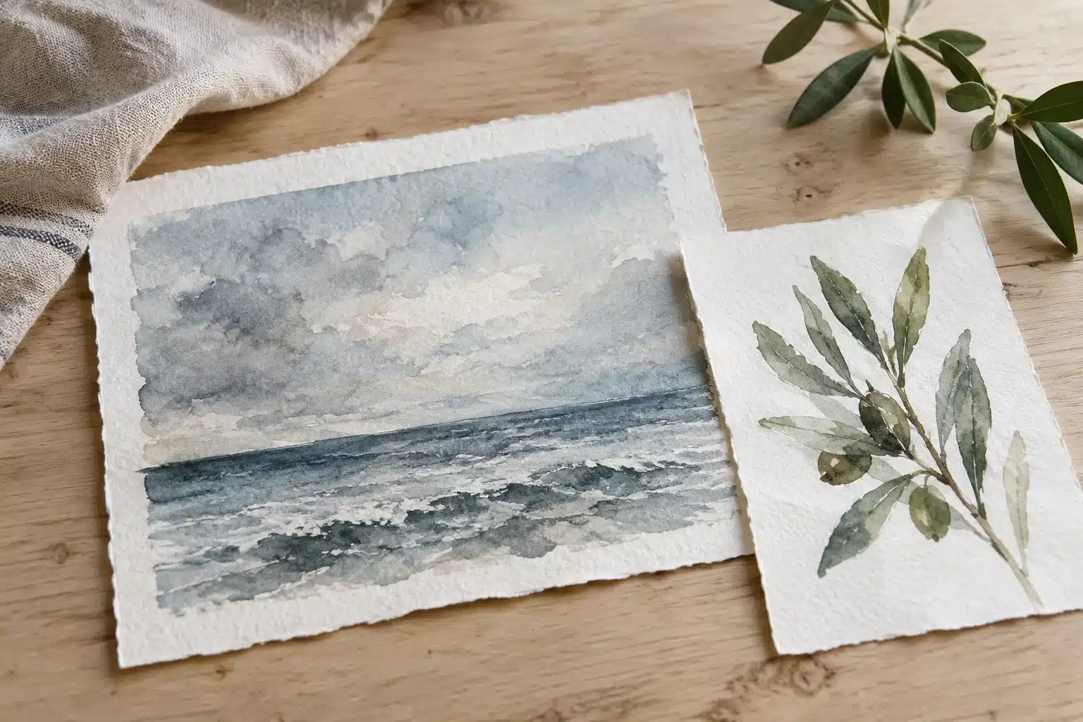 Original pale coastal watercolour and paper studies laid out on a simple table.