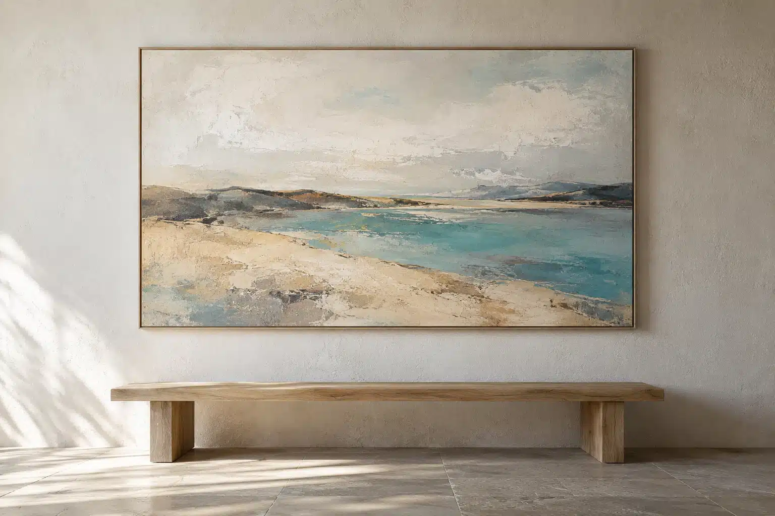 Quiet illustrative viewing corner with a landscape painting and a simple bench.