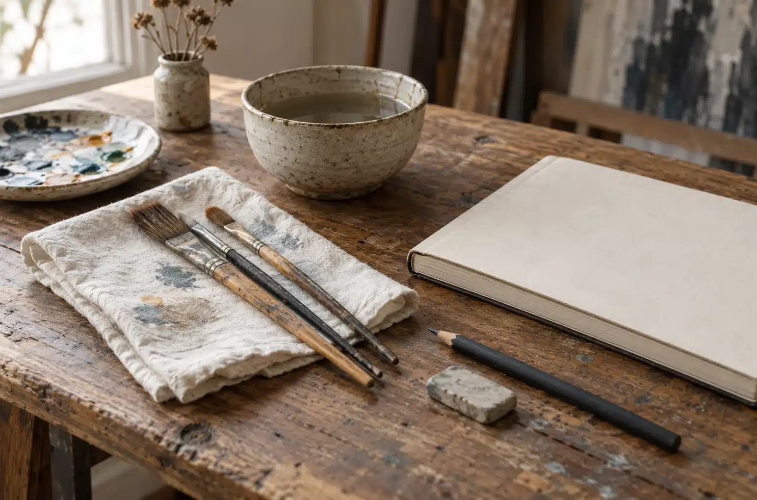 Brushes, pencils and a closed sketchbook arranged on a worn wooden studio table.