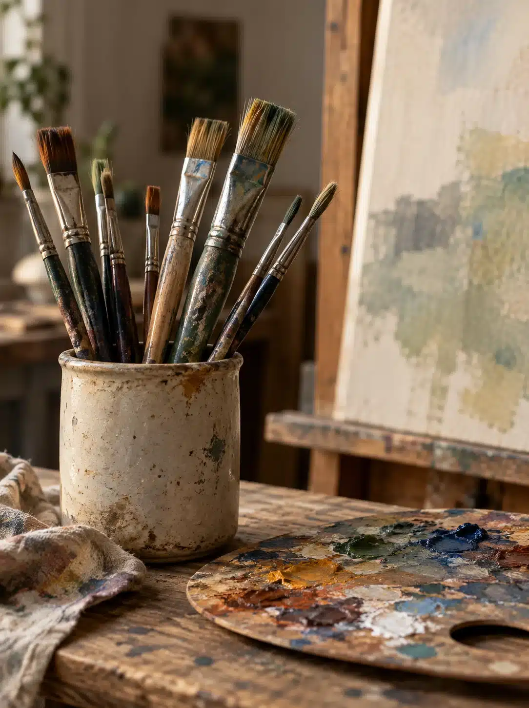 Brushes and a paint-marked palette on a simple studio table in an illustrative workspace.