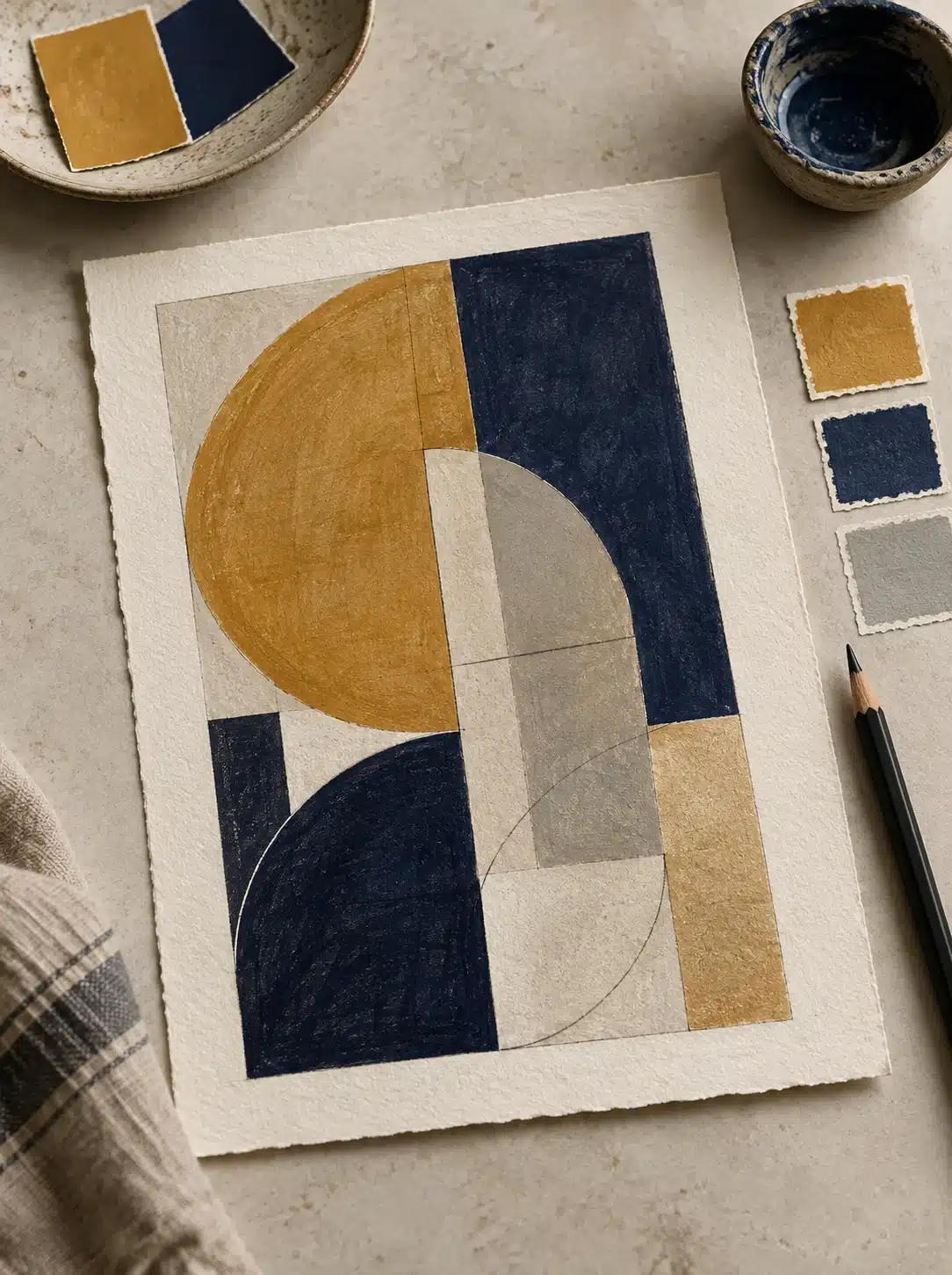 Geometric colour studies and an original small abstract painting on an illustrative studio table.