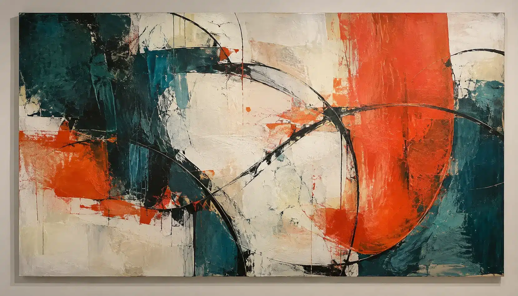 Coral, teal and ivory abstract composition with repeated dark curves and visible painted texture.