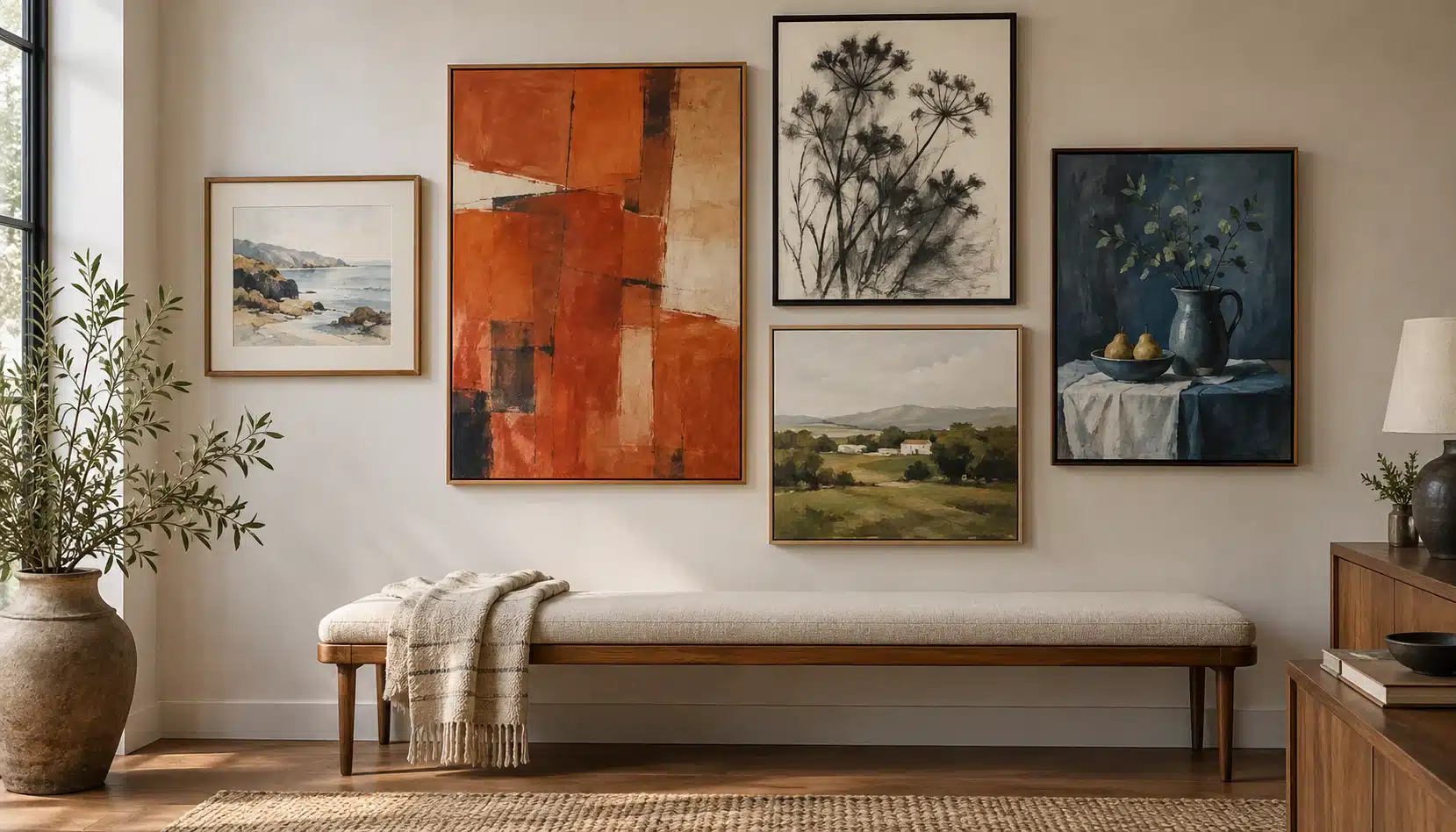 Five different paintings arranged with generous spacing above a linen bench.