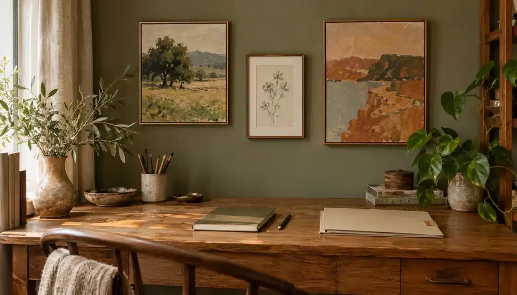 Small paintings and a drawing displayed above a desk with a notebook and an archival folder.