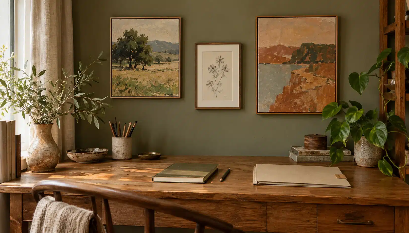 Small paintings and a drawing displayed above a desk with a notebook and an archival folder.