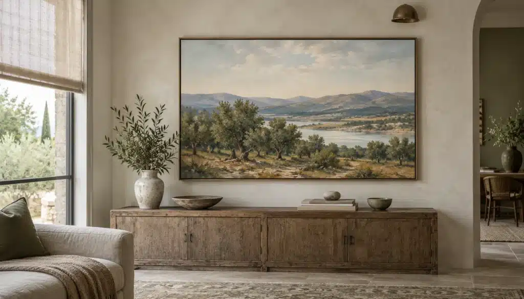 Landscape painting displayed in gentle indirect light away from direct sunlight.