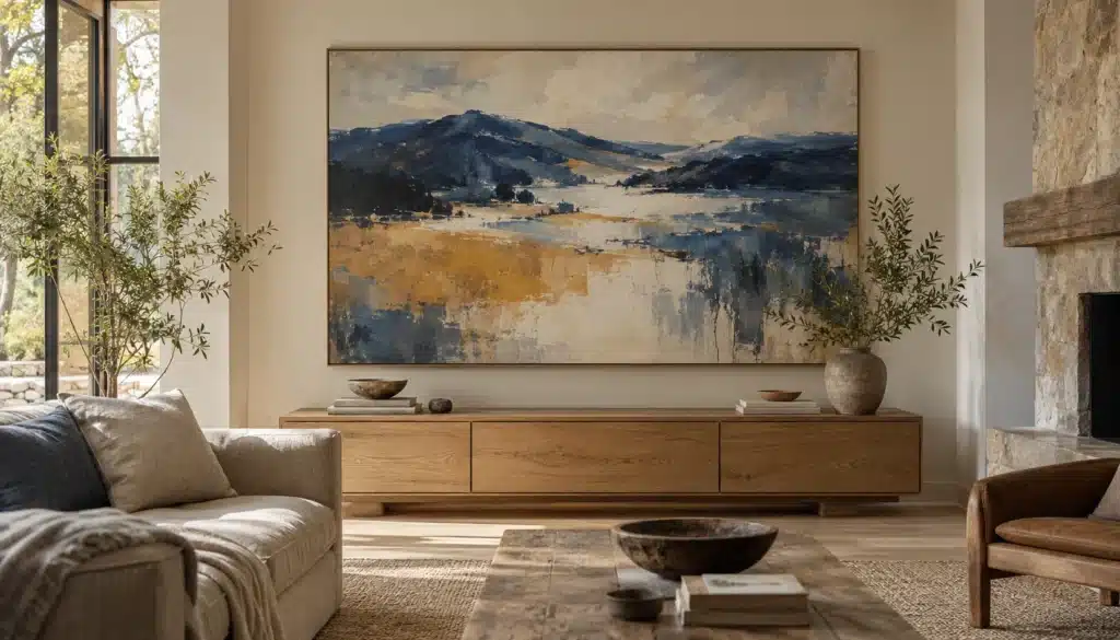 Abstract blue and ochre landscape painting displayed above an oak sideboard in a quiet living room.
