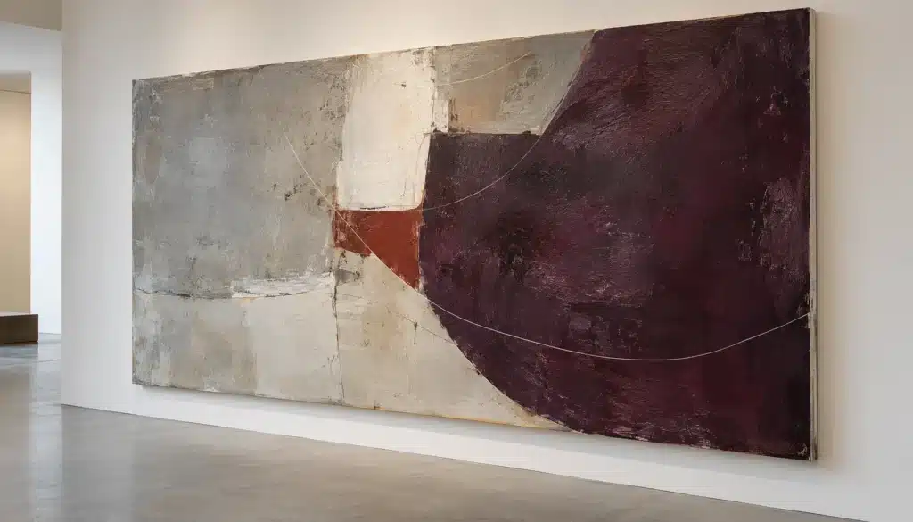 Abstract canvas with mineral-grey space, an aubergine curve and a small rust-red accent.