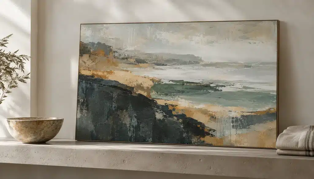 Coastal abstract painting in charcoal, sand and sea-green tones beside linen and a ceramic bowl.