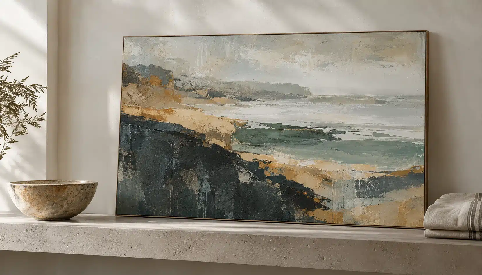 Coastal abstract painting in charcoal, sand and sea-green tones beside linen and a ceramic bowl.