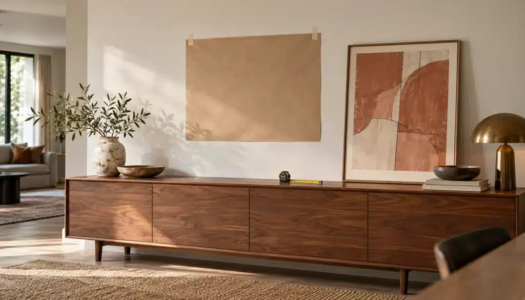Paper layout showing a proposed painting size above a sideboard beside a framed abstract work.