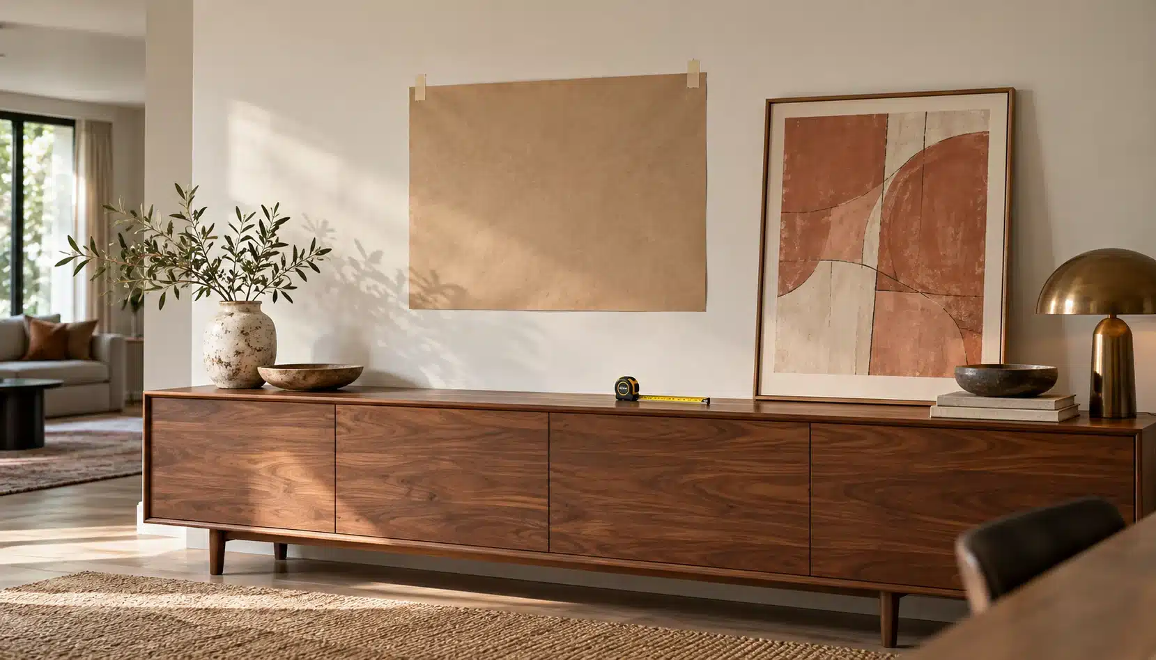 Paper layout showing a proposed painting size above a sideboard beside a framed abstract work.