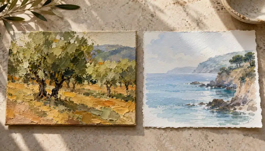Textured oil-style orchard painting beside a translucent coastal watercolour study.