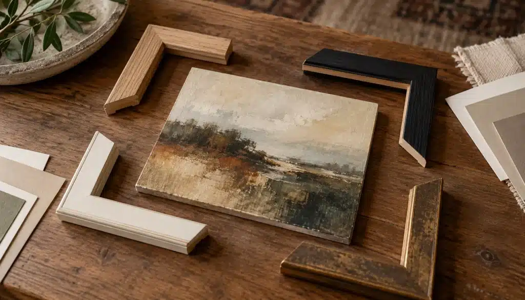 Frame moulding samples arranged around an earthy abstract painting on a consultation table.
