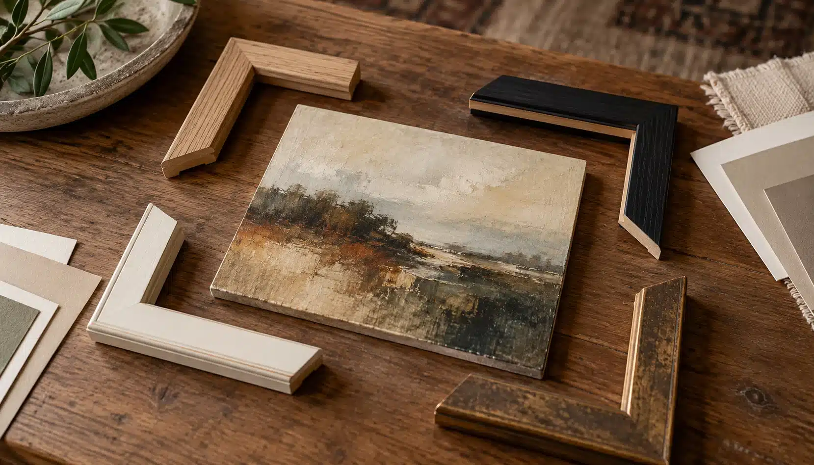 Frame moulding samples arranged around an earthy abstract painting on a consultation table.