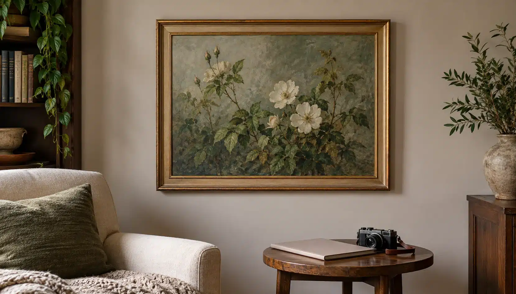 Botanical painting displayed on a quiet interior wall beside a simple artwork record folder.