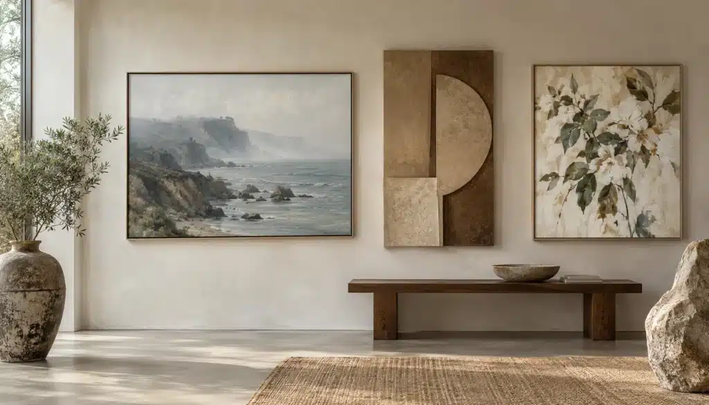 Three distinct painting directions shown together in a quiet illustrative gallery setting.
