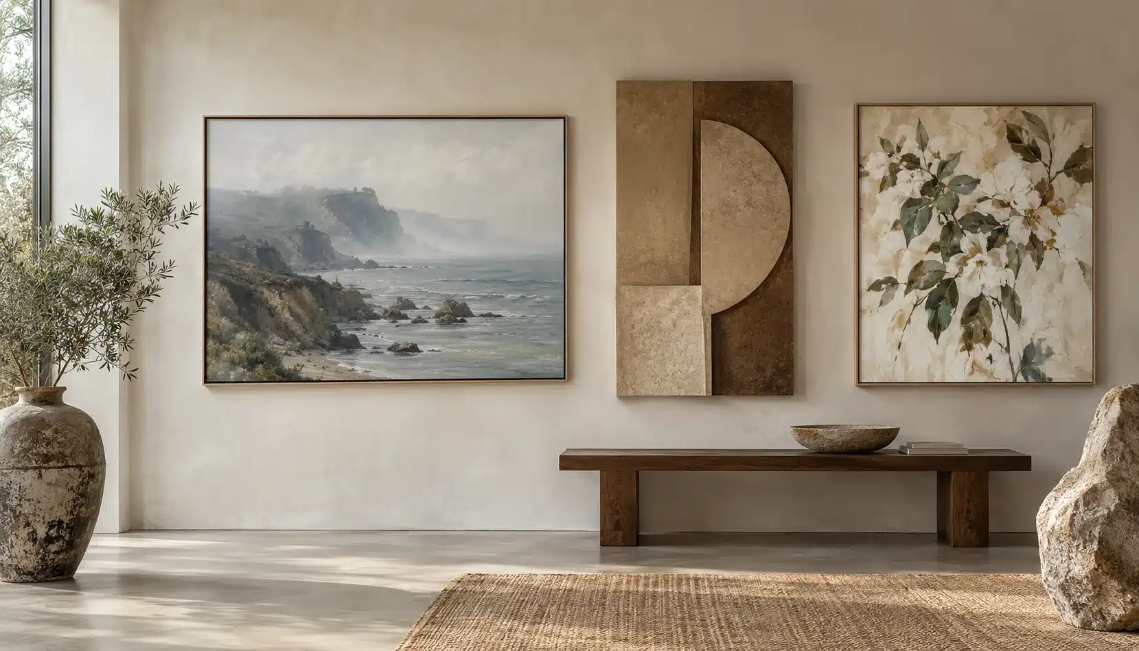 Three distinct painting directions shown together in a quiet illustrative gallery setting.