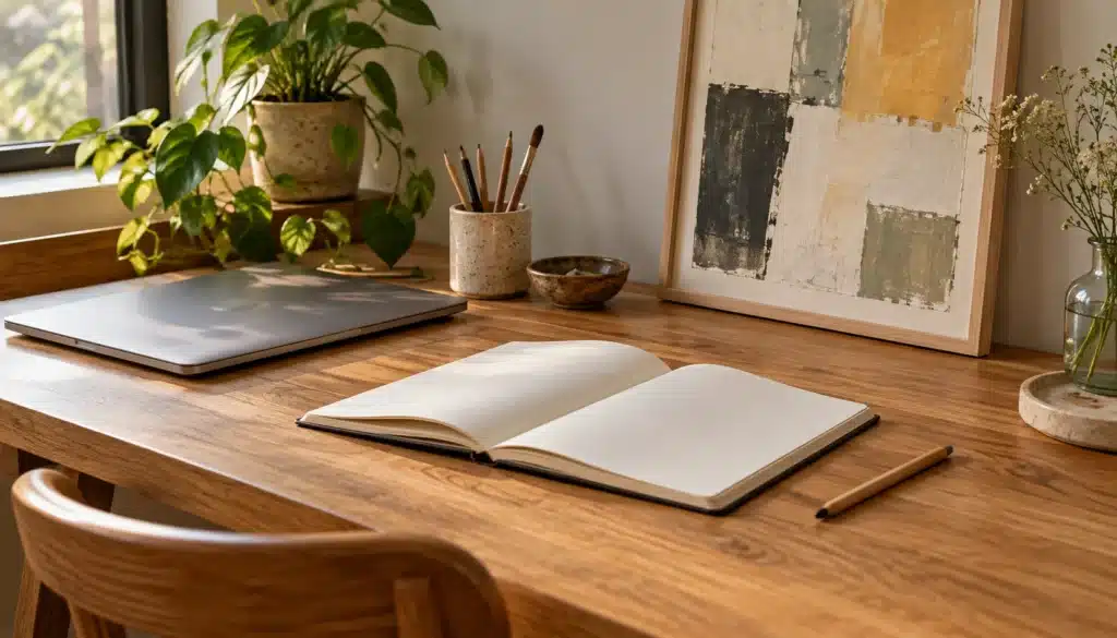 Notebook and pencil on an oak desk beside a small abstract painting.