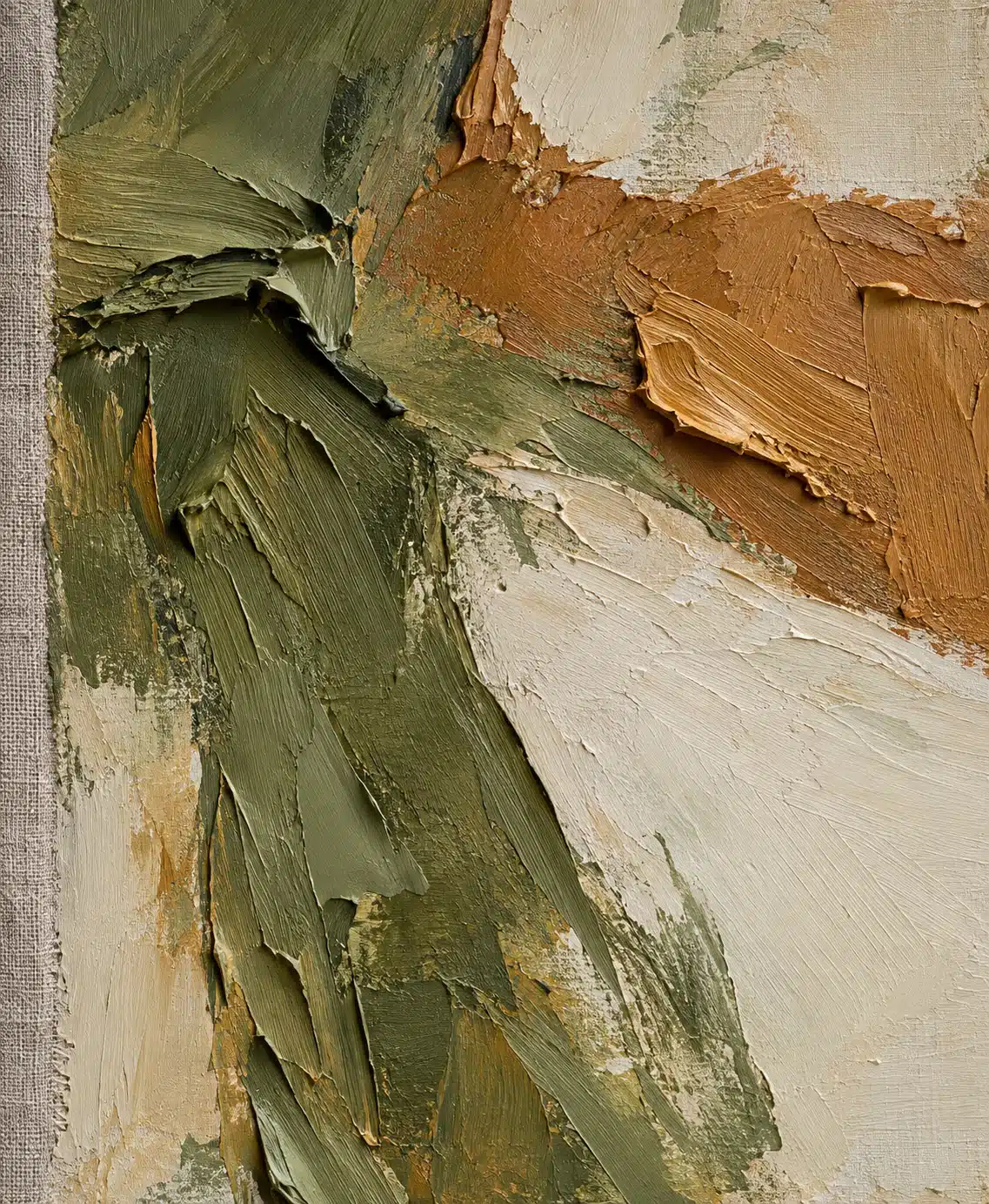 Close view of raised paint marks on a canvas beside its natural linen edge.