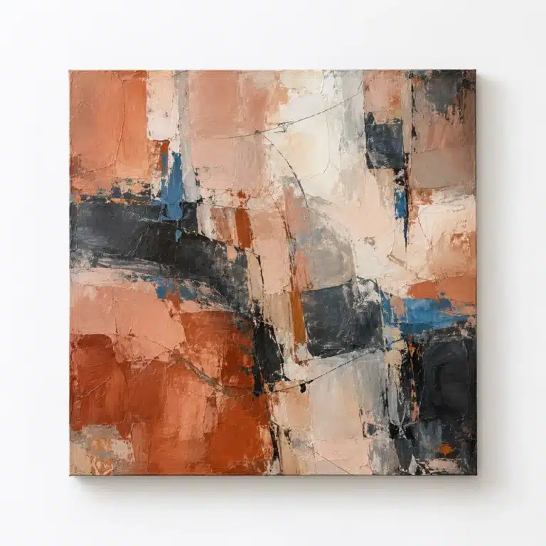 Textured terracotta, blush and charcoal abstract canvas on a white wall