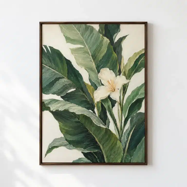 Green botanical painting with a pale blossom in a walnut frame on a white wall