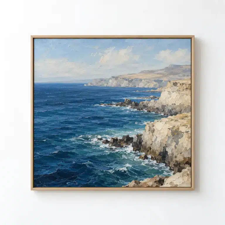 Blue coastal oil painting in a pale oak frame on a white wall