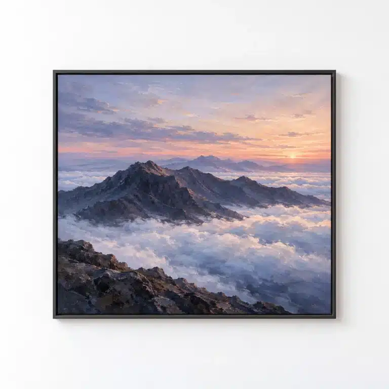 Volcanic mountain painting above a lavender cloud sea in a charcoal frame on a white wall