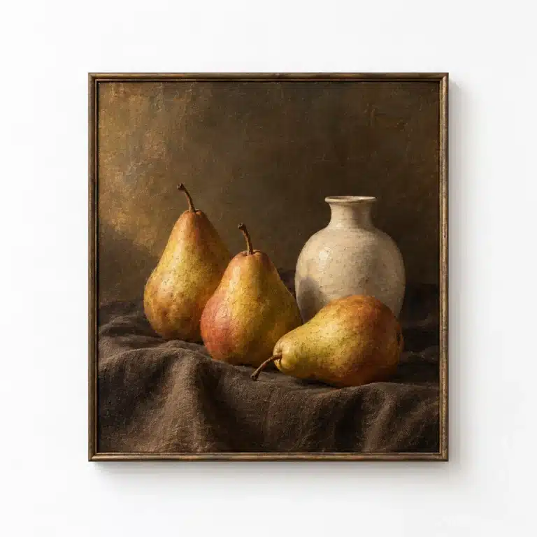 Oil still life of three pears and an ivory vase in a bronze frame on a white wall