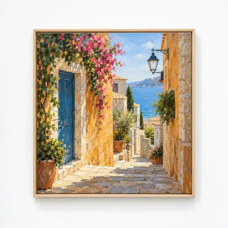 Mediterranean street painting with a blue door and flowering bougainvillea on a white wall