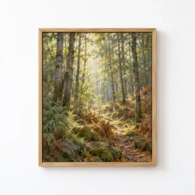 Woodland oil painting with morning light, ferns and trees in an oak frame on a white wall