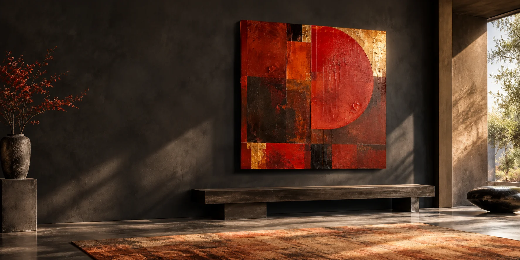 A red and terracotta abstract painting in a dark gallery interior