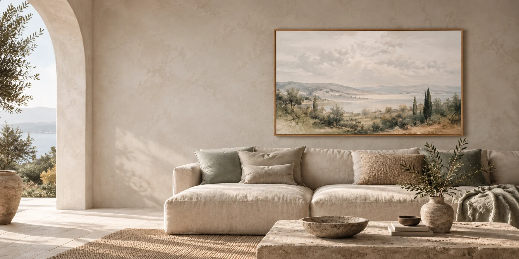A soft landscape painting above a linen sofa in a quiet room