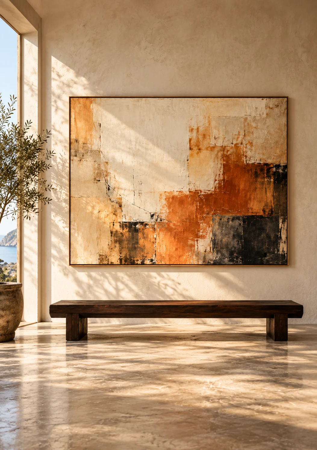A warm abstract painting in a sunlit gallery corner