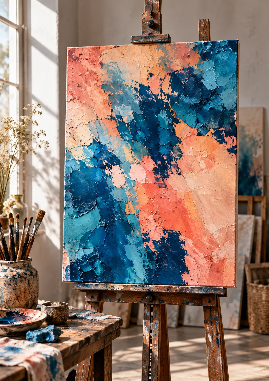 A blue and coral painting with brushes in a softly lit studio