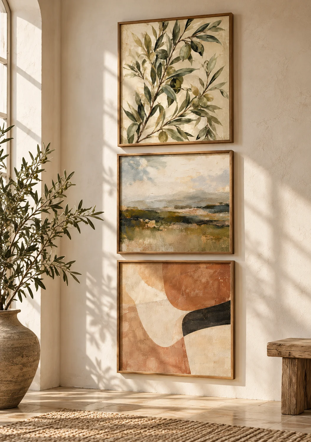 Three paintings arranged in a quiet room with warm natural light
