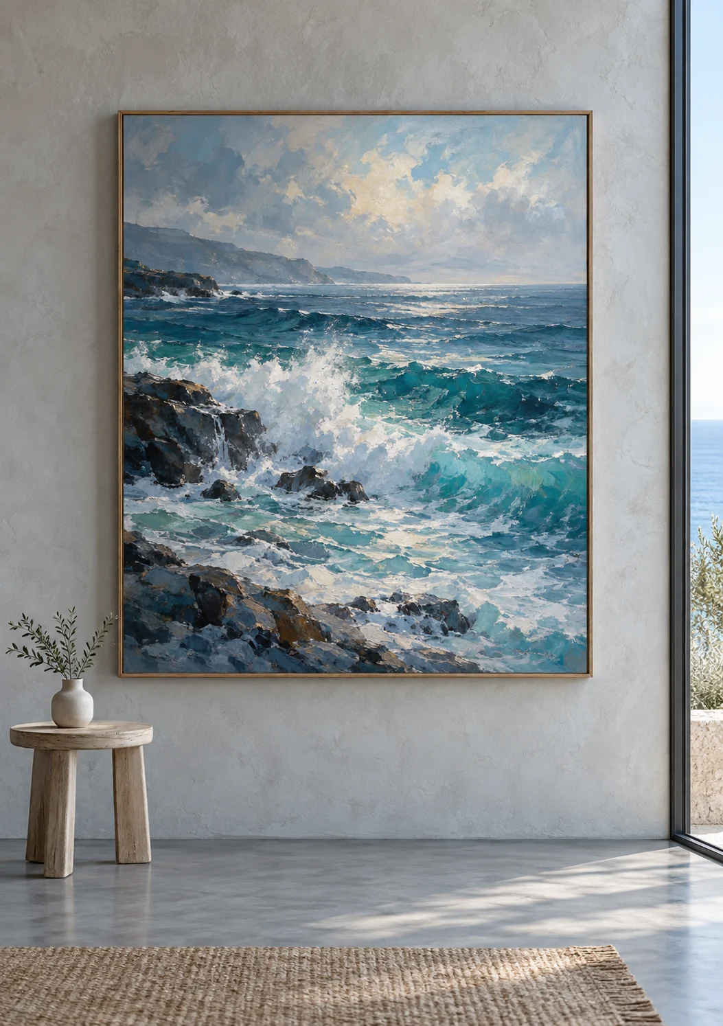 An expressive seascape painting in a light gallery corner