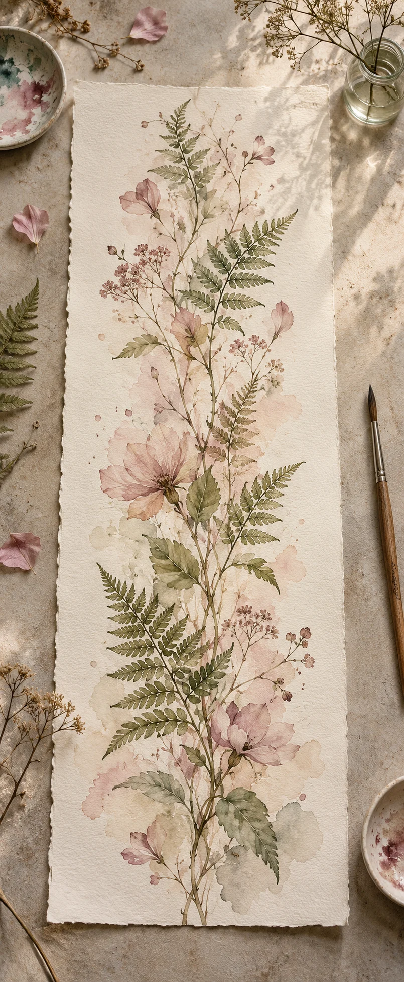 A tall close view of botanical paint details and paper texture