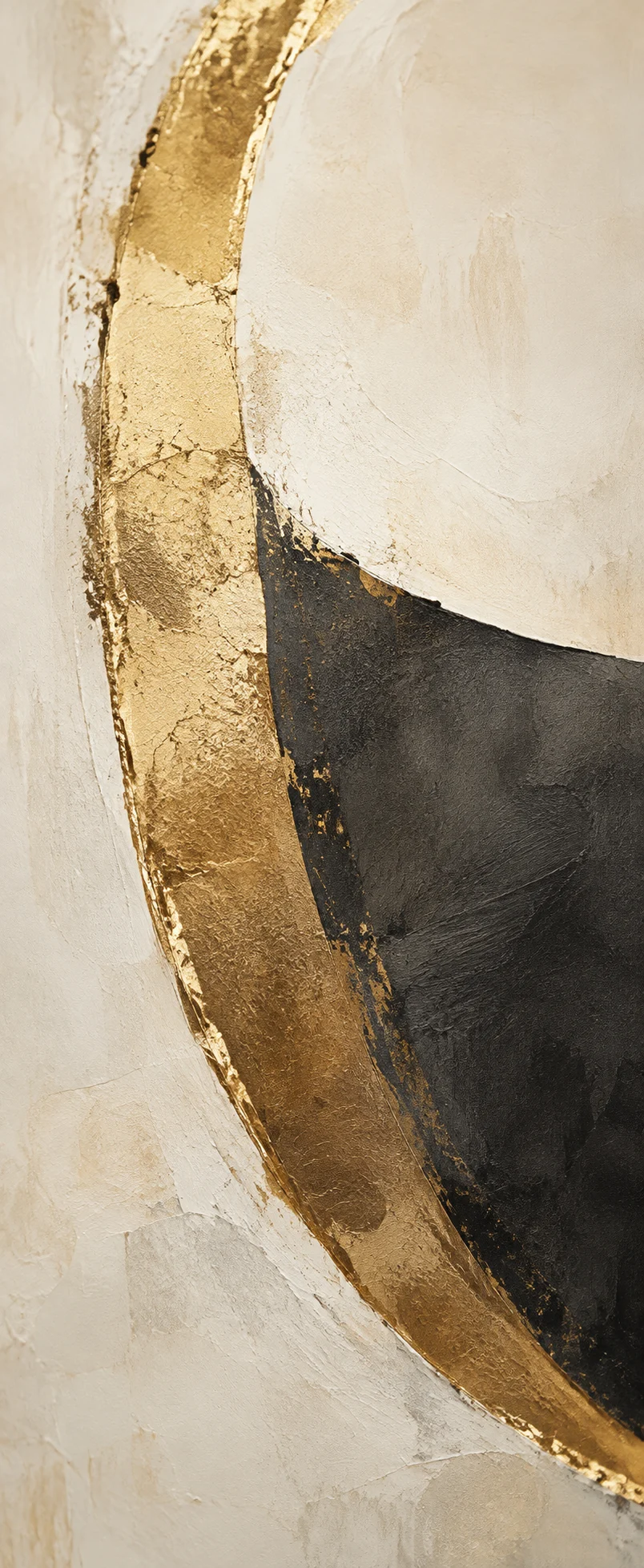 Gold and charcoal painted geometric textures in a vertical detail