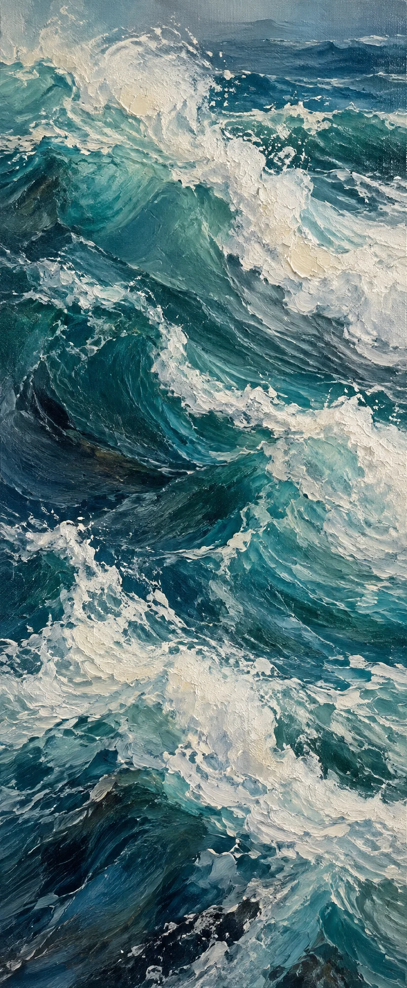 A close view of blue seascape brushwork with soft white foam