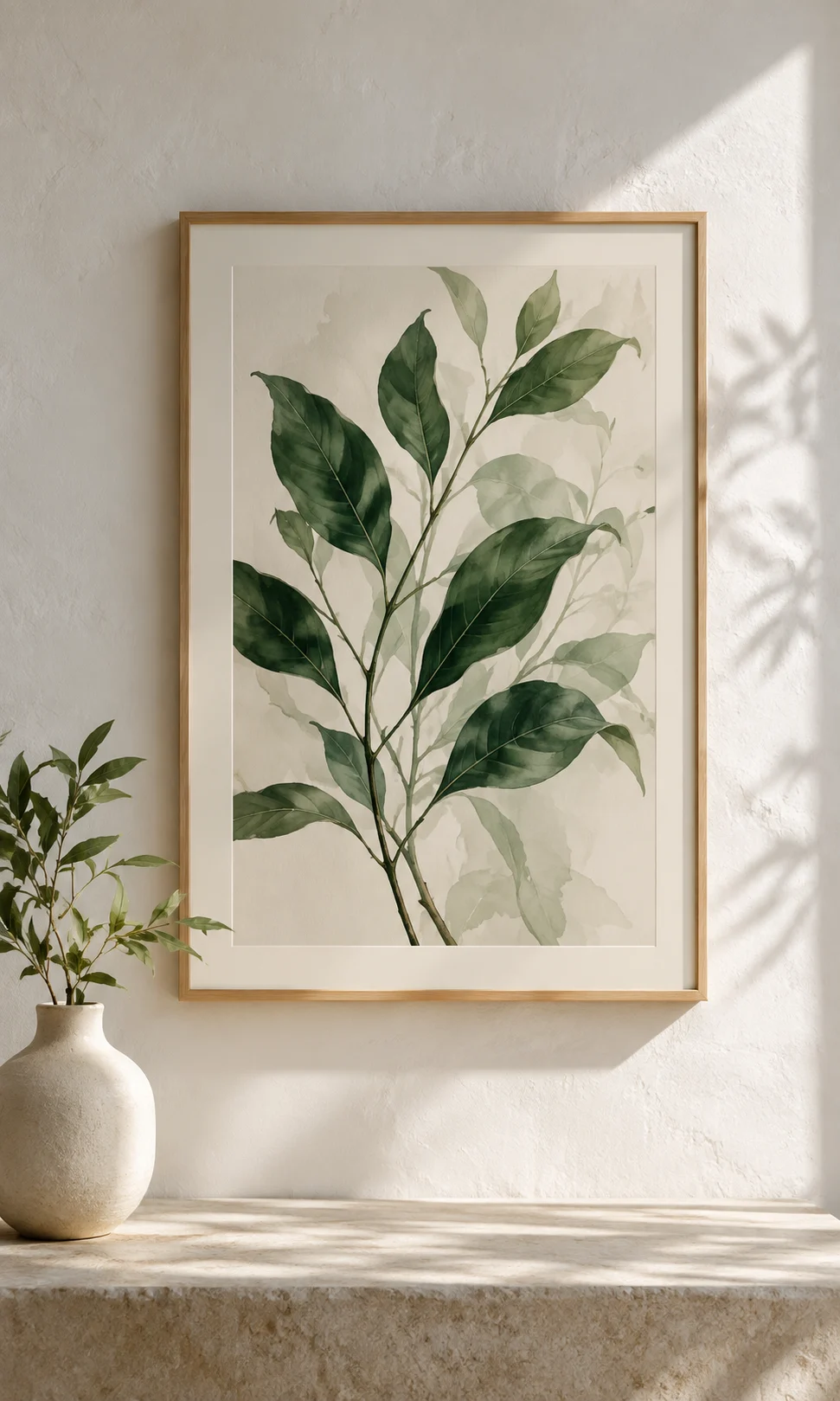 A botanical painting and ceramic vase beside a pale wall