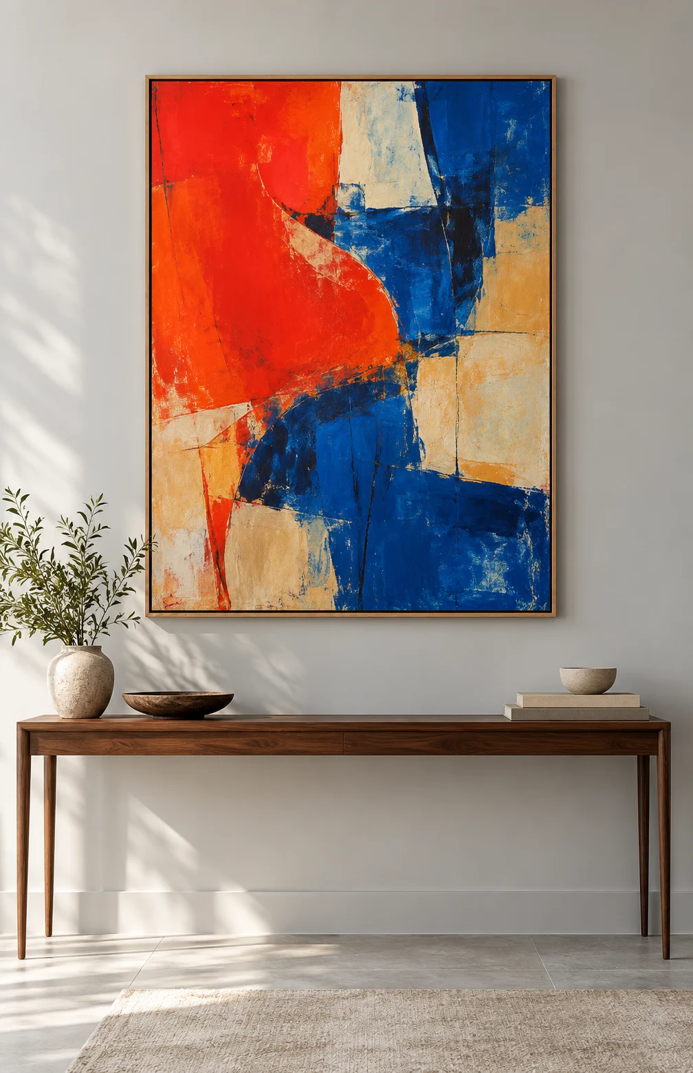 A colourful abstract painting in a small sunlit display corner