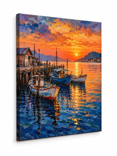 Angled view of Harbour at Dusk painting on a plain white background