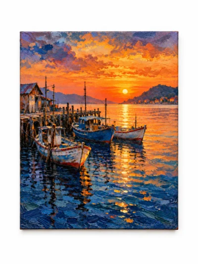 Harbour at Dusk painting on a plain white background