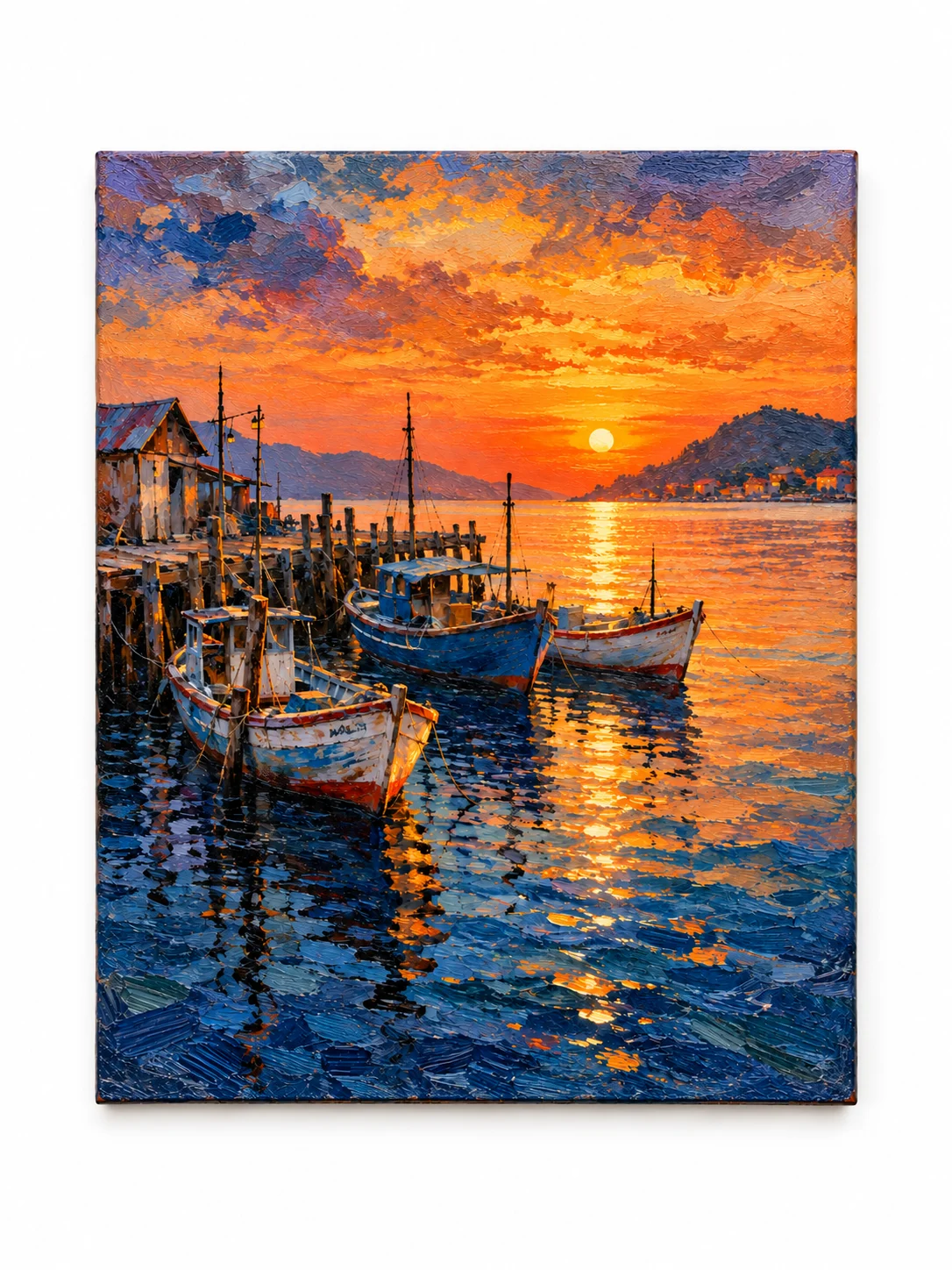 Harbour at Dusk painting on a plain white background