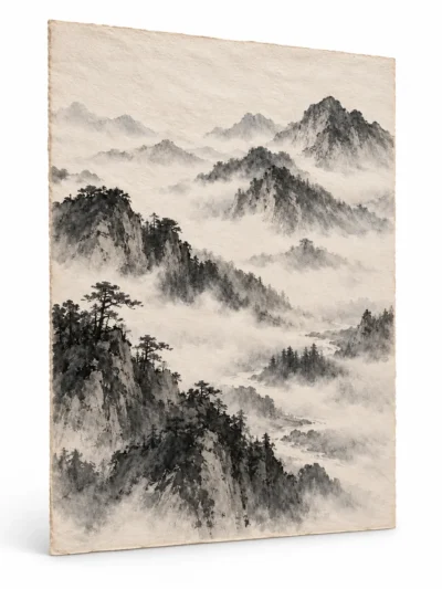 Angled view of Mountain Stillness painting on a plain white background