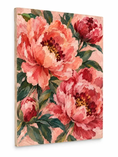 Angled view of Flowers in a Quiet Room painting on a plain white background